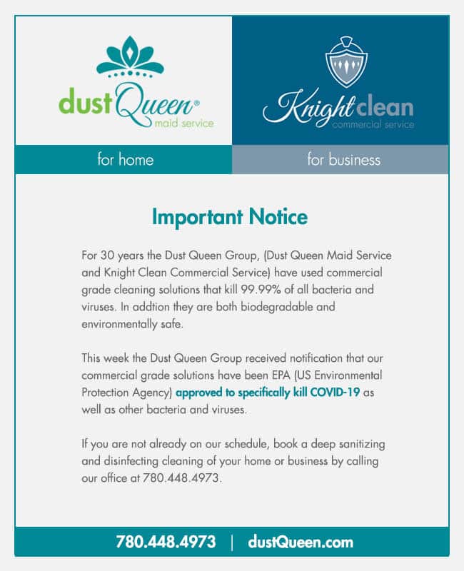 Announcement regarding Dust Queen's commercial cleaning products